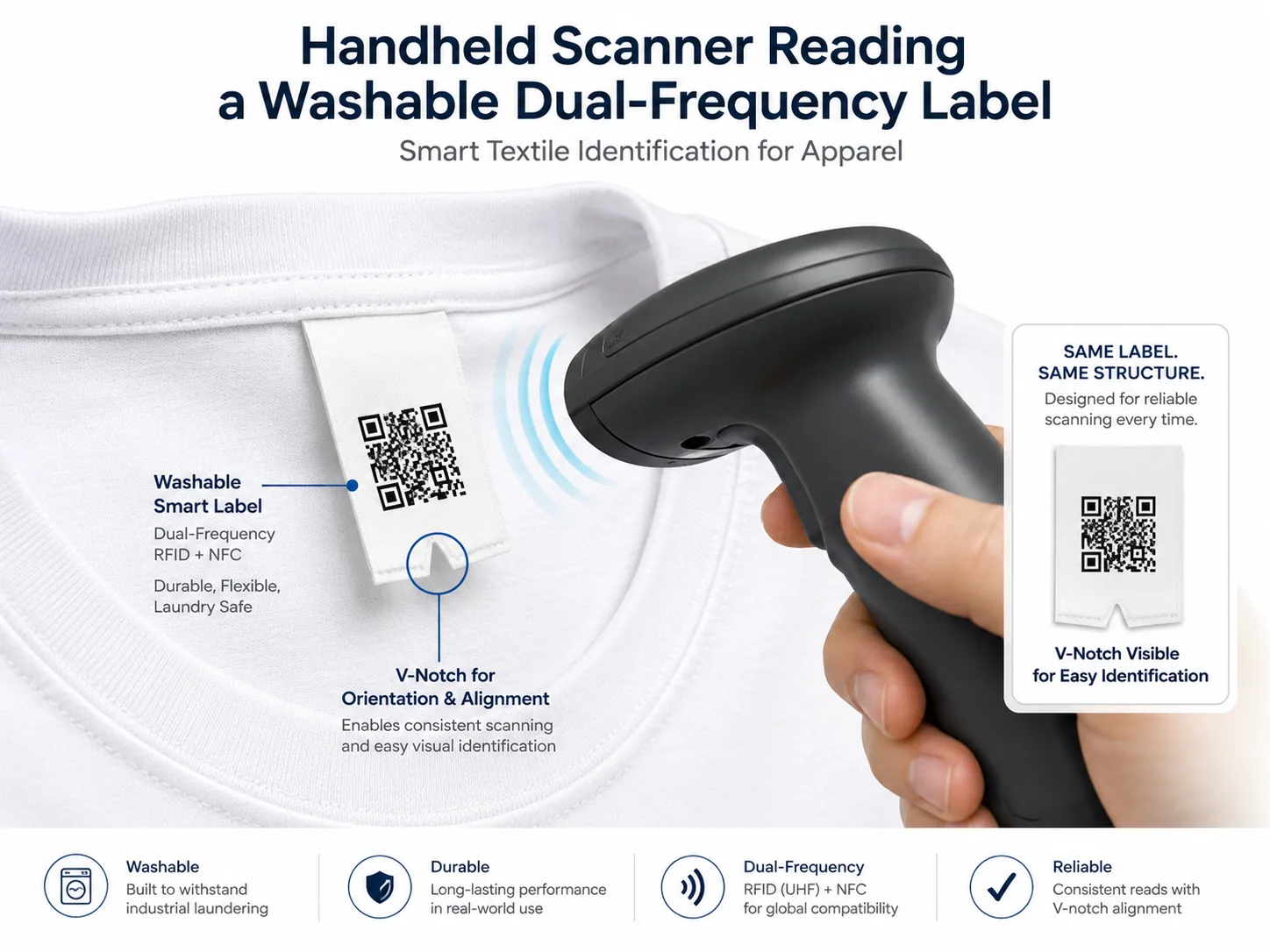 Washable smart garment label with RFID identification and QR access