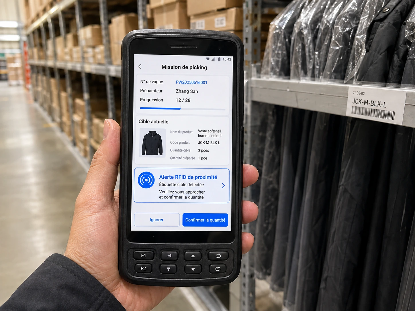 Handheld RFID reader guiding warehouse picking and item identification